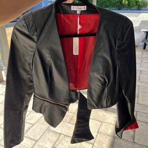 L.Love Black Faux Leather Crop Moto Jacket Red Lining Sz S
